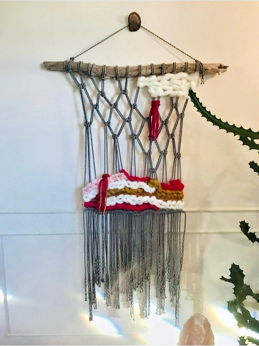 Grey and Multi Pink colored Coloured Macrame Plant Hanger Wallhanging